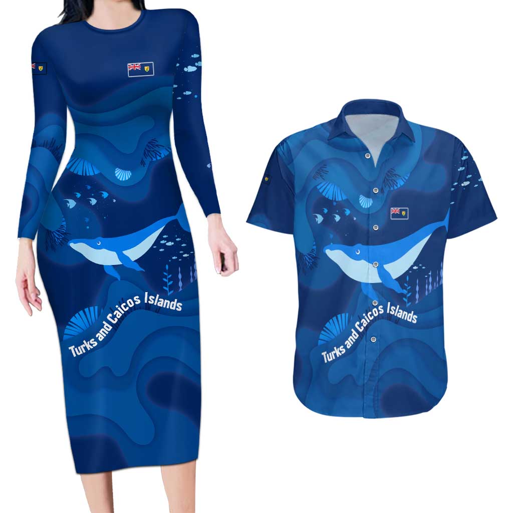 Turks and Caicos Islands Couples Matching Long Sleeve Bodycon Dress and Hawaiian Shirt with Blue Ocean Whale and Coral Reef Design - Wonder Print Shop
