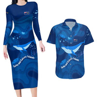 Turks and Caicos Islands Couples Matching Long Sleeve Bodycon Dress and Hawaiian Shirt with Blue Ocean Whale and Coral Reef Design - Wonder Print Shop