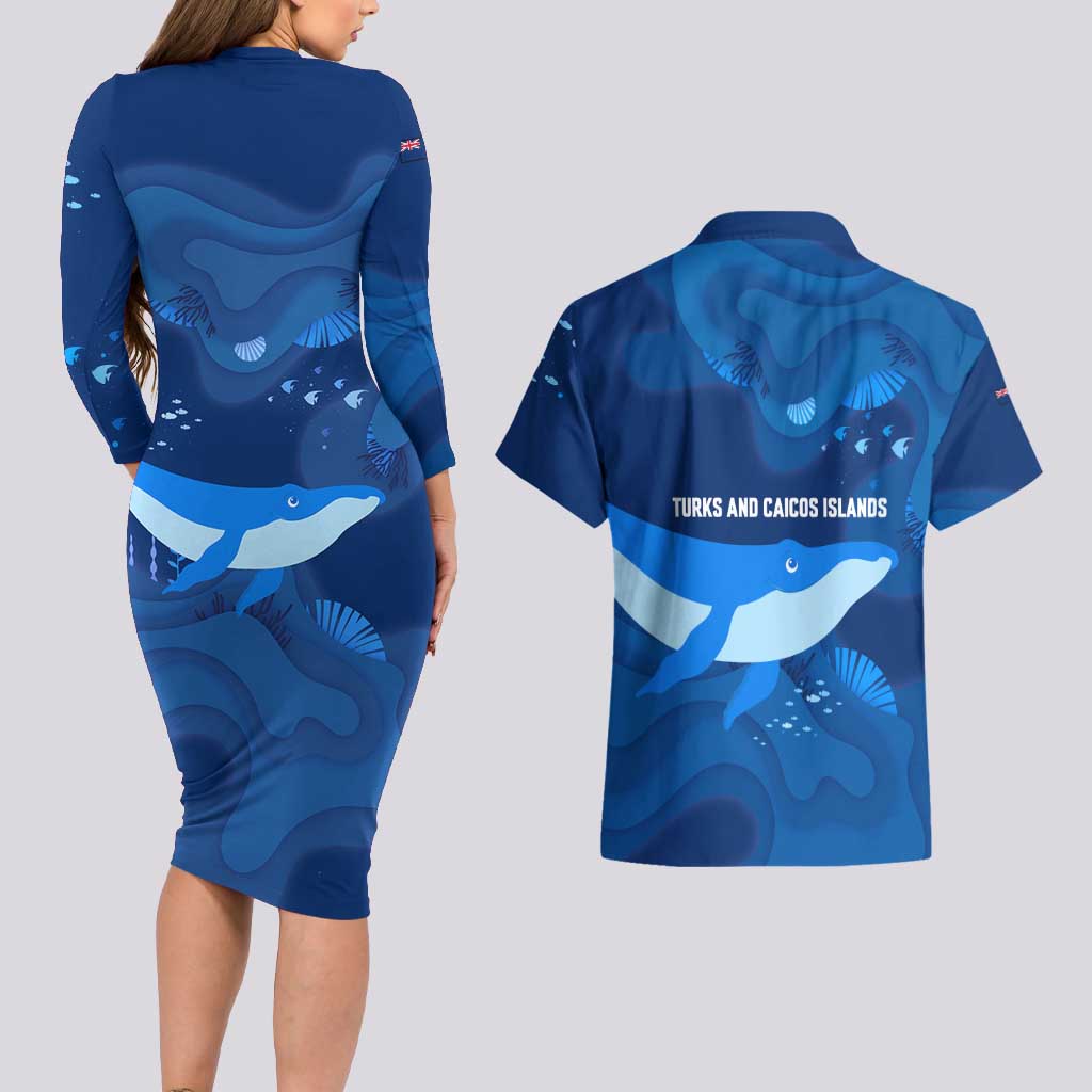 Turks and Caicos Islands Couples Matching Long Sleeve Bodycon Dress and Hawaiian Shirt with Blue Ocean Whale and Coral Reef Design - Wonder Print Shop