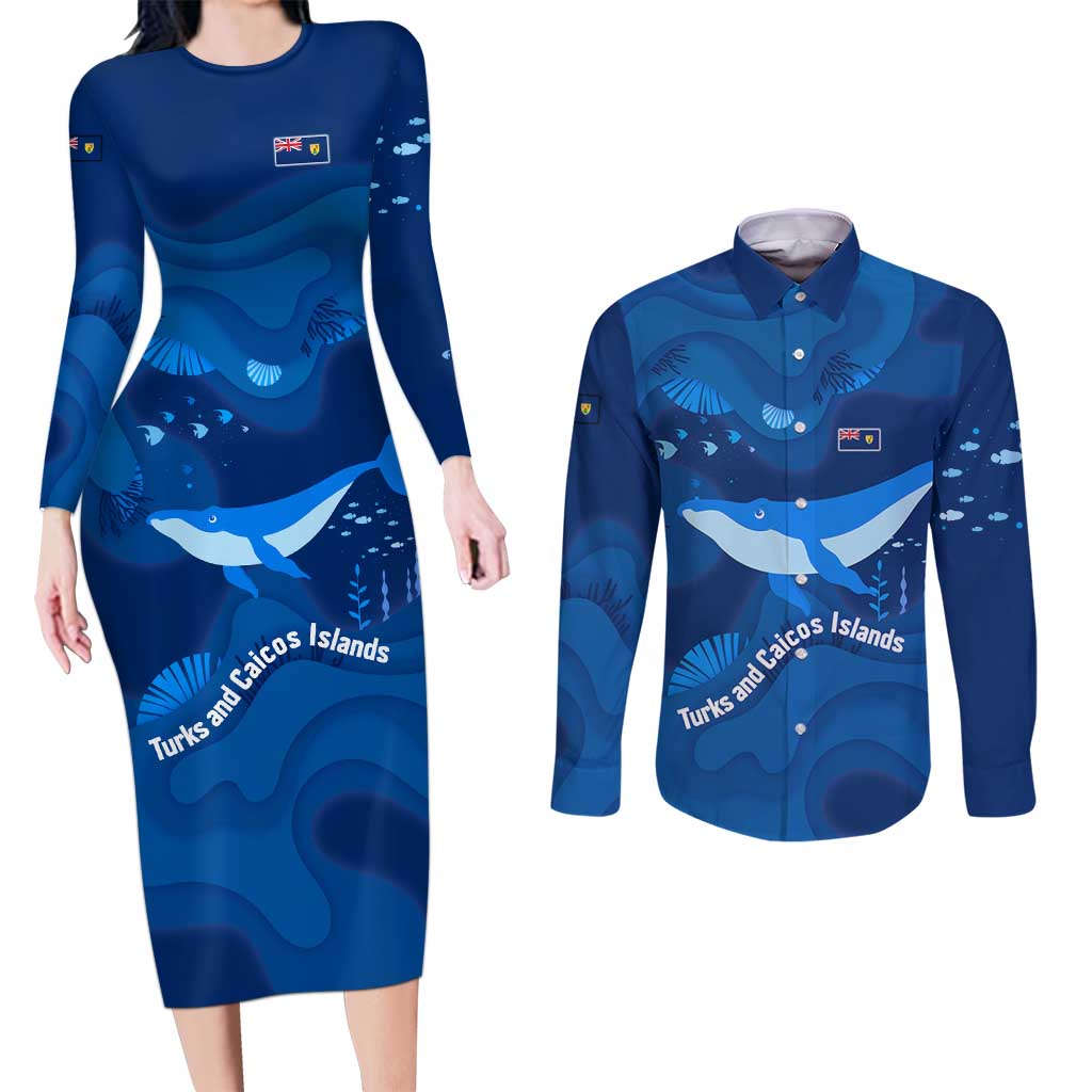 Turks and Caicos Islands Couples Matching Long Sleeve Bodycon Dress and Long Sleeve Button Shirt with Blue Ocean Whale and Coral Reef Design - Wonder Print Shop