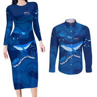 Turks and Caicos Islands Couples Matching Long Sleeve Bodycon Dress and Long Sleeve Button Shirt with Blue Ocean Whale and Coral Reef Design - Wonder Print Shop