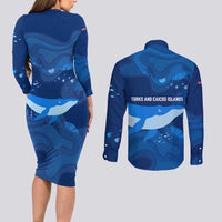 Turks and Caicos Islands Couples Matching Long Sleeve Bodycon Dress and Long Sleeve Button Shirt with Blue Ocean Whale and Coral Reef Design - Wonder Print Shop
