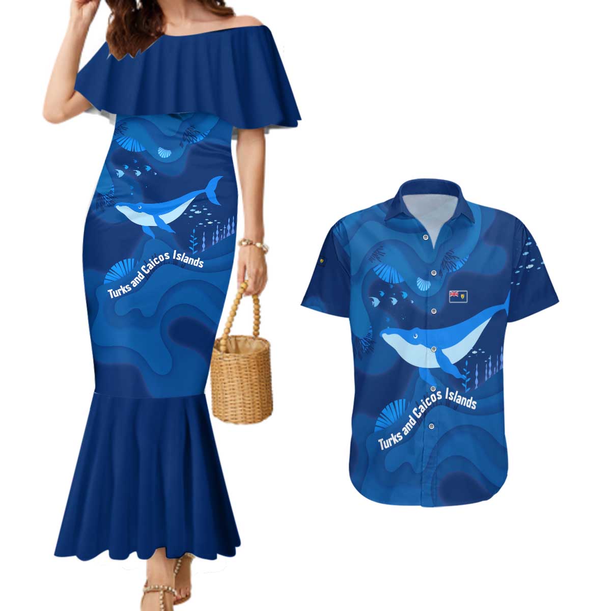 Turks and Caicos Islands Couples Matching Mermaid Dress and Hawaiian Shirt with Blue Ocean Whale and Coral Reef Design - Wonder Print Shop