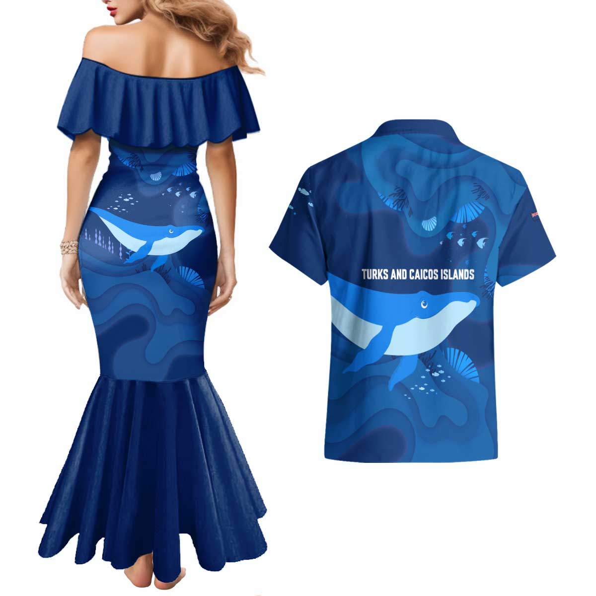 Turks and Caicos Islands Couples Matching Mermaid Dress and Hawaiian Shirt with Blue Ocean Whale and Coral Reef Design - Wonder Print Shop