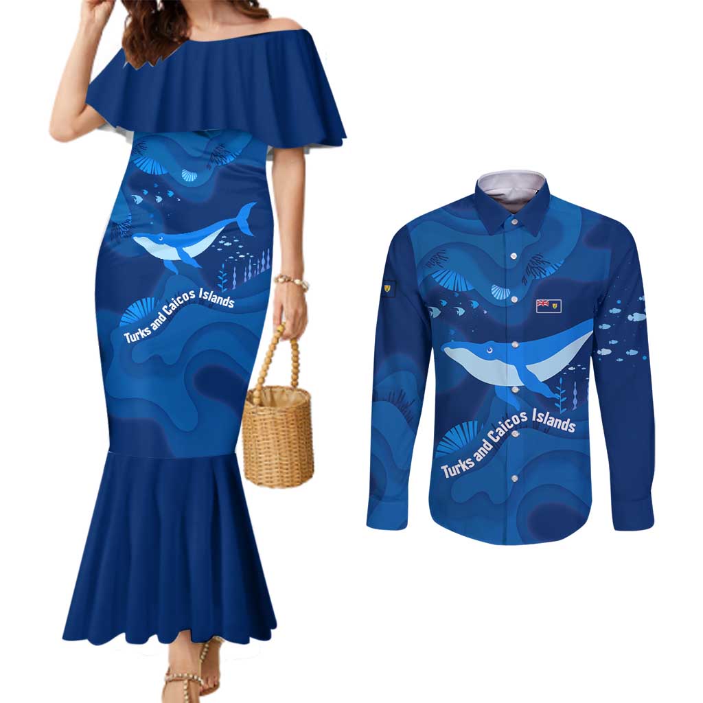 Turks and Caicos Islands Couples Matching Mermaid Dress and Long Sleeve Button Shirt with Blue Ocean Whale and Coral Reef Design - Wonder Print Shop