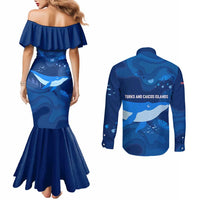 Turks and Caicos Islands Couples Matching Mermaid Dress and Long Sleeve Button Shirt with Blue Ocean Whale and Coral Reef Design - Wonder Print Shop
