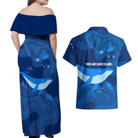 Turks and Caicos Islands Couples Matching Off Shoulder Maxi Dress and Hawaiian Shirt with Blue Ocean Whale and Coral Reef Design - Wonder Print Shop