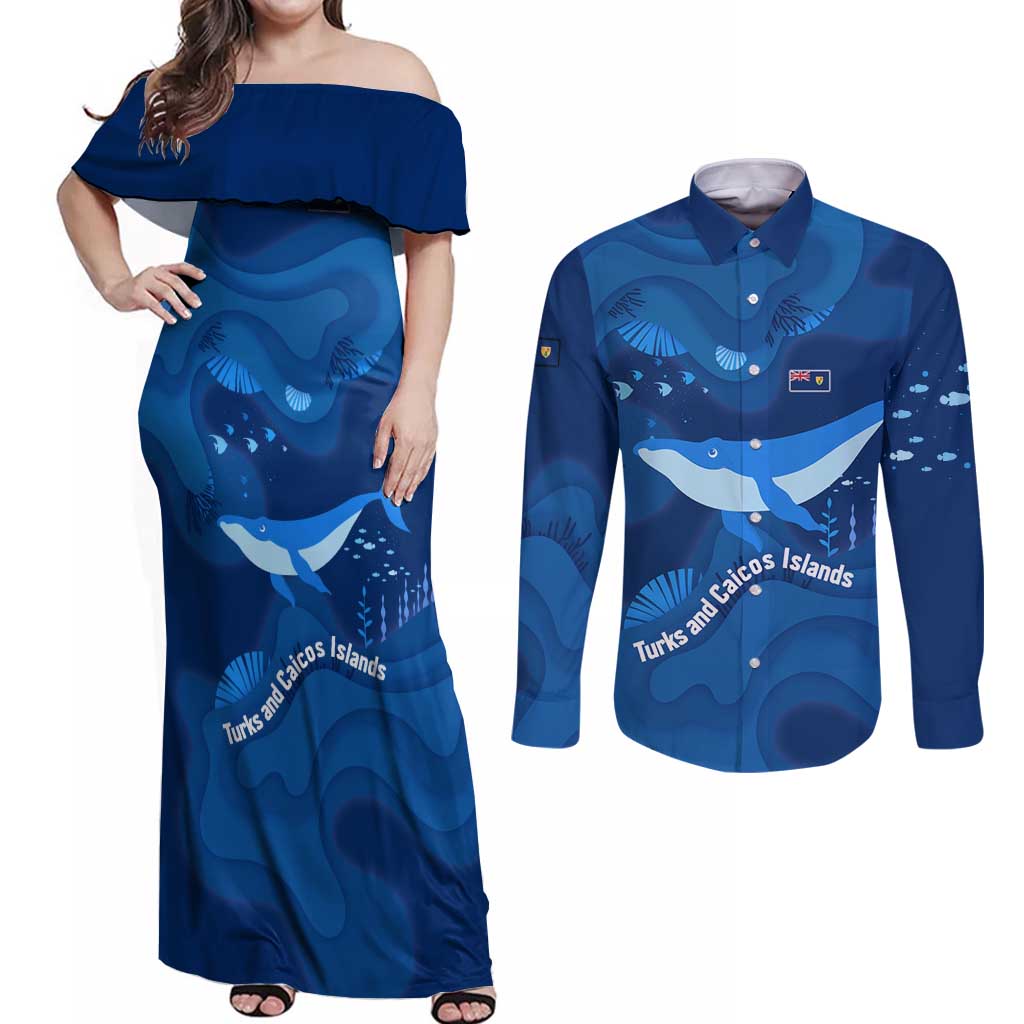 Turks and Caicos Islands Couples Matching Off Shoulder Maxi Dress and Long Sleeve Button Shirt with Blue Ocean Whale and Coral Reef Design - Wonder Print Shop