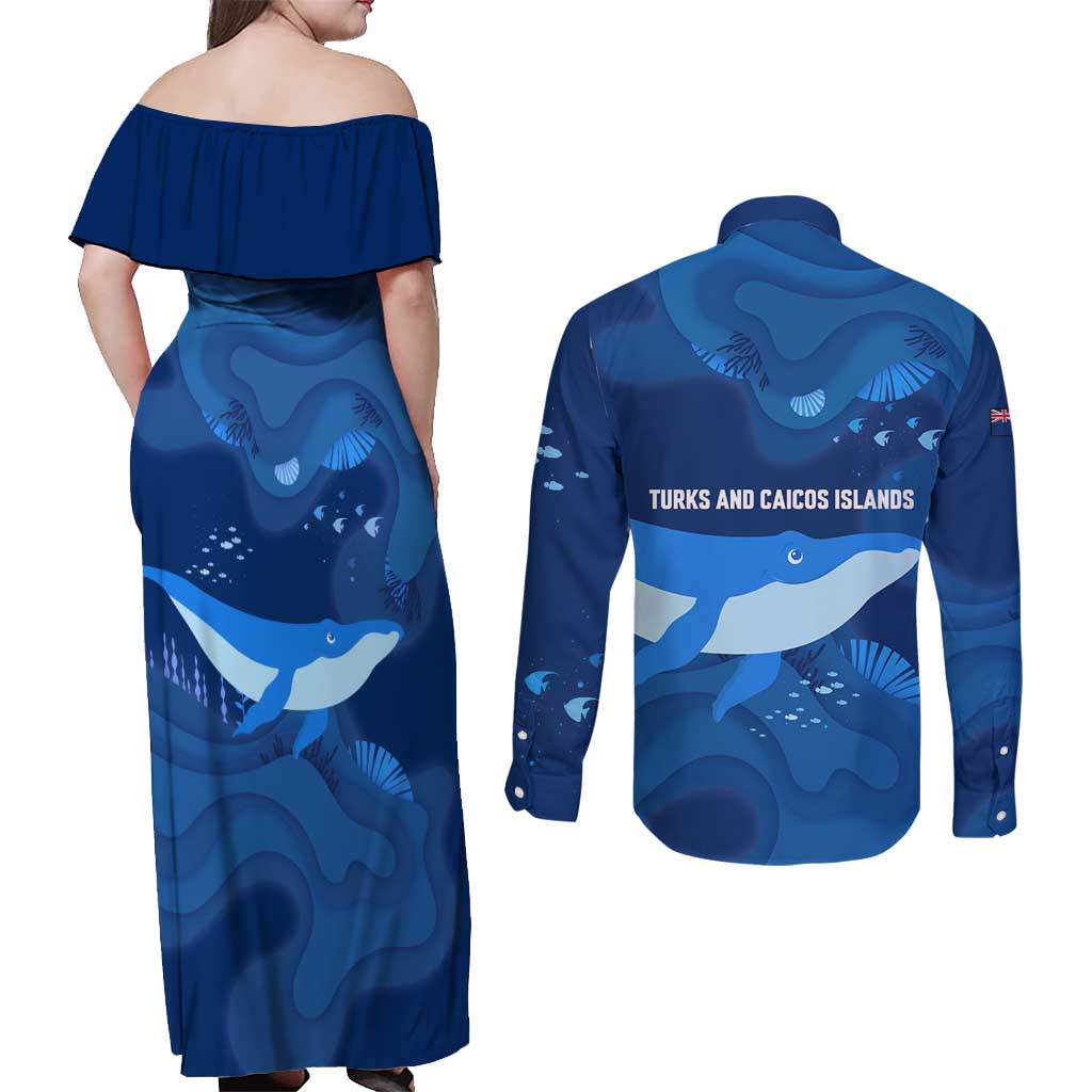 Turks and Caicos Islands Couples Matching Off Shoulder Maxi Dress and Long Sleeve Button Shirt with Blue Ocean Whale and Coral Reef Design - Wonder Print Shop