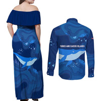 Turks and Caicos Islands Couples Matching Off Shoulder Maxi Dress and Long Sleeve Button Shirt with Blue Ocean Whale and Coral Reef Design - Wonder Print Shop