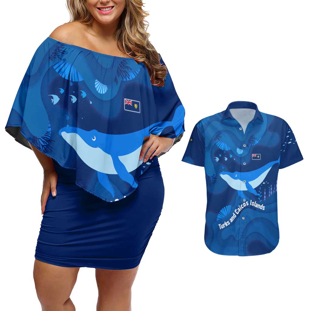 Turks and Caicos Islands Couples Matching Off Shoulder Short Dress and Hawaiian Shirt with Blue Ocean Whale and Coral Reef Design - Wonder Print Shop