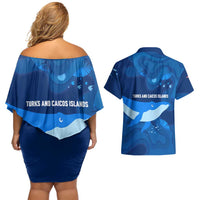 Turks and Caicos Islands Couples Matching Off Shoulder Short Dress and Hawaiian Shirt with Blue Ocean Whale and Coral Reef Design - Wonder Print Shop
