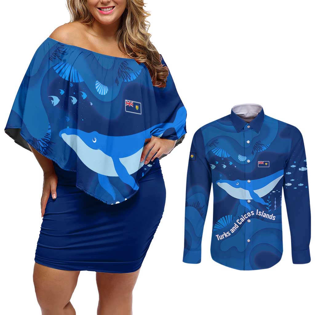 Turks and Caicos Islands Couples Matching Off Shoulder Short Dress and Long Sleeve Button Shirt with Blue Ocean Whale and Coral Reef Design - Wonder Print Shop