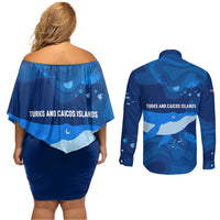 Turks and Caicos Islands Couples Matching Off Shoulder Short Dress and Long Sleeve Button Shirt with Blue Ocean Whale and Coral Reef Design - Wonder Print Shop
