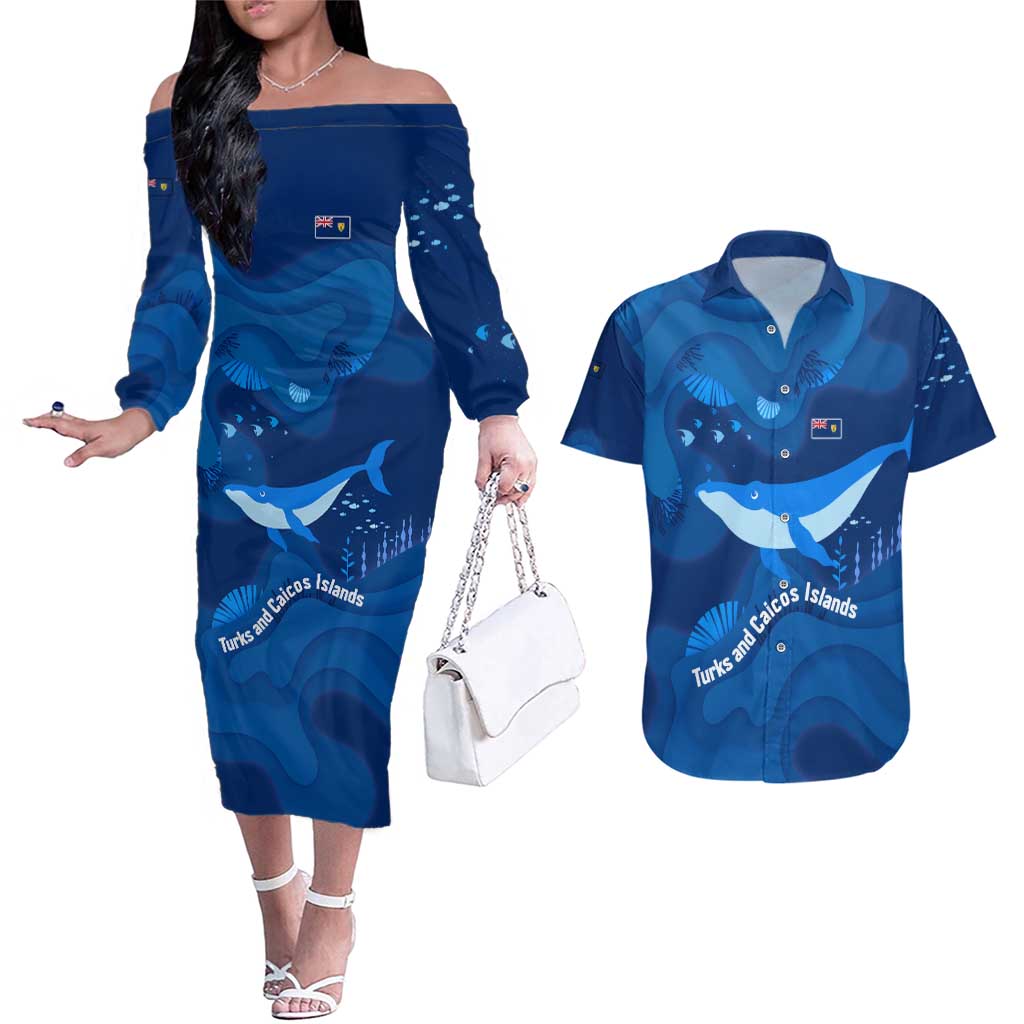 Turks and Caicos Islands Couples Matching Off The Shoulder Long Sleeve Dress and Hawaiian Shirt with Blue Ocean Whale and Coral Reef Design - Wonder Print Shop