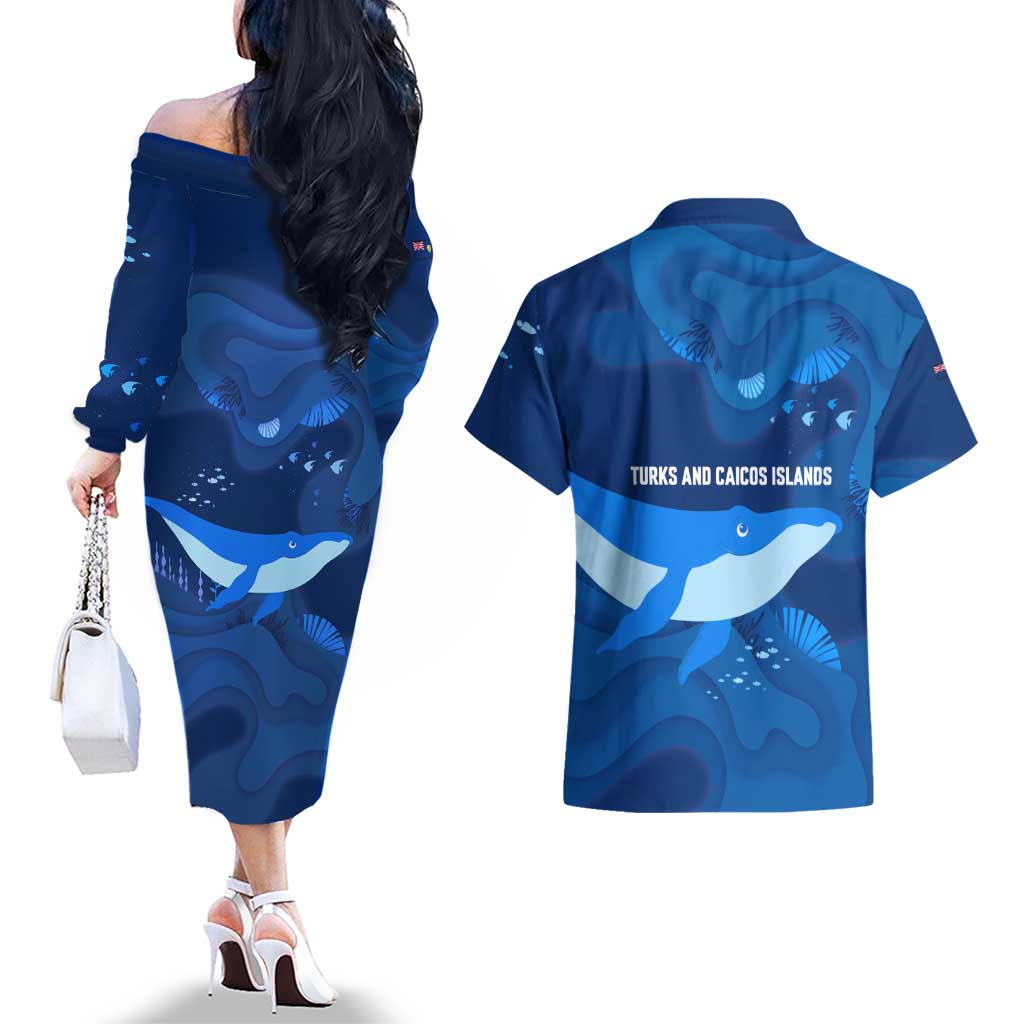 Turks and Caicos Islands Couples Matching Off The Shoulder Long Sleeve Dress and Hawaiian Shirt with Blue Ocean Whale and Coral Reef Design - Wonder Print Shop