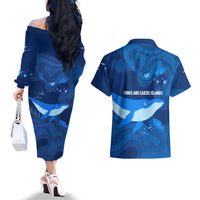 Turks and Caicos Islands Couples Matching Off The Shoulder Long Sleeve Dress and Hawaiian Shirt with Blue Ocean Whale and Coral Reef Design - Wonder Print Shop