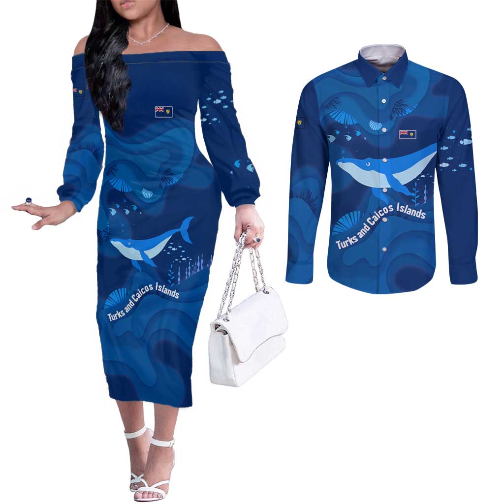 Turks and Caicos Islands Couples Matching Off The Shoulder Long Sleeve Dress and Long Sleeve Button Shirt with Blue Ocean Whale and Coral Reef Design - Wonder Print Shop