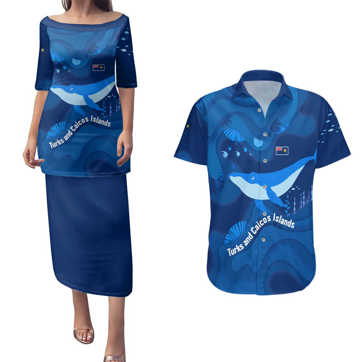 Turks and Caicos Islands Couples Matching Puletasi and Hawaiian Shirt with Blue Ocean Whale and Coral Reef Design - Wonder Print Shop
