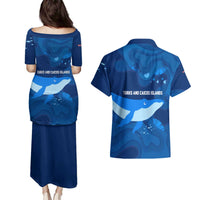 Turks and Caicos Islands Couples Matching Puletasi and Hawaiian Shirt with Blue Ocean Whale and Coral Reef Design - Wonder Print Shop