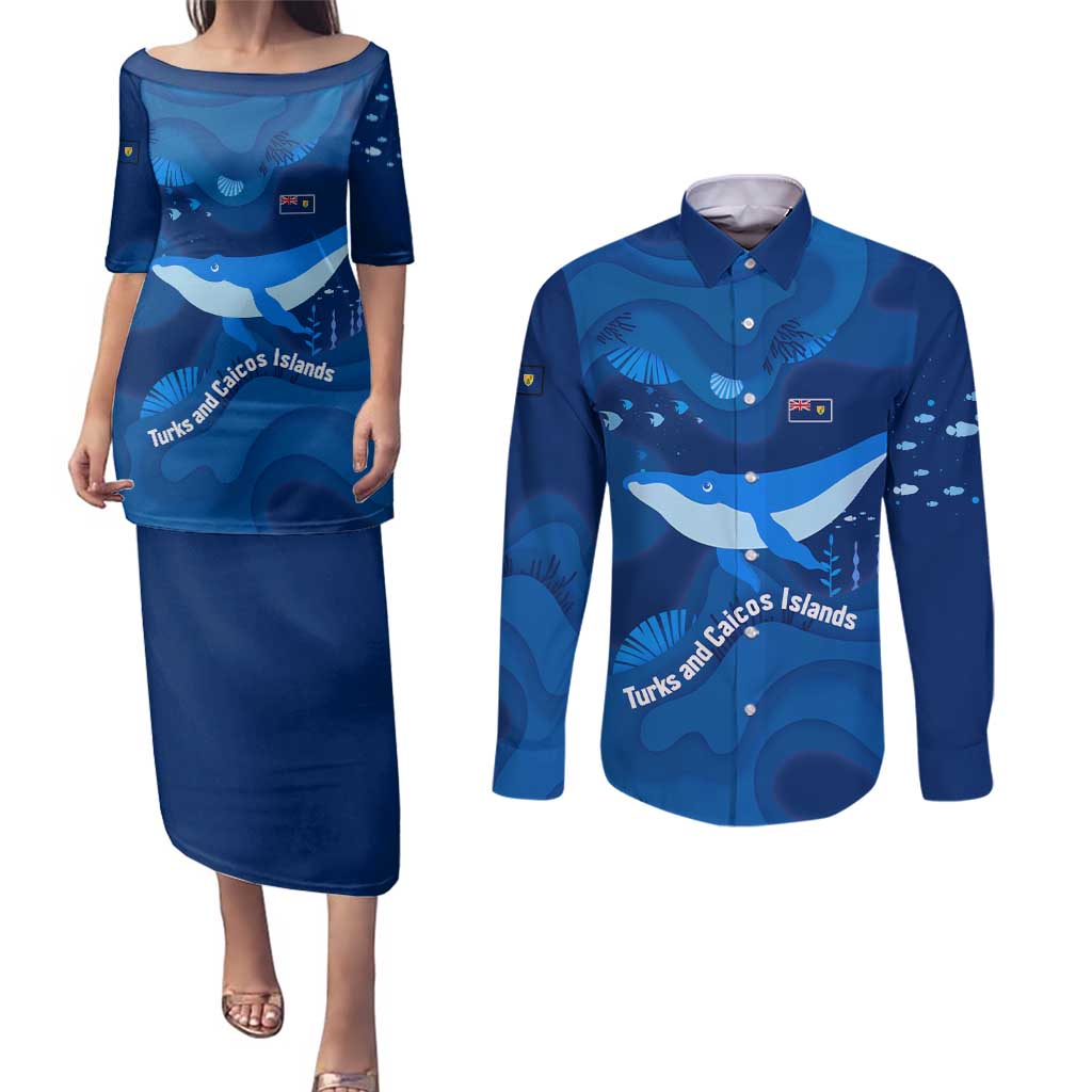 Turks and Caicos Islands Couples Matching Puletasi and Long Sleeve Button Shirt with Blue Ocean Whale and Coral Reef Design - Wonder Print Shop