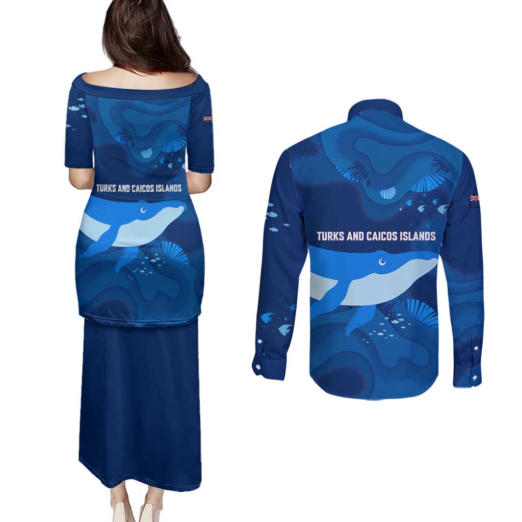Turks and Caicos Islands Couples Matching Puletasi and Long Sleeve Button Shirt with Blue Ocean Whale and Coral Reef Design - Wonder Print Shop