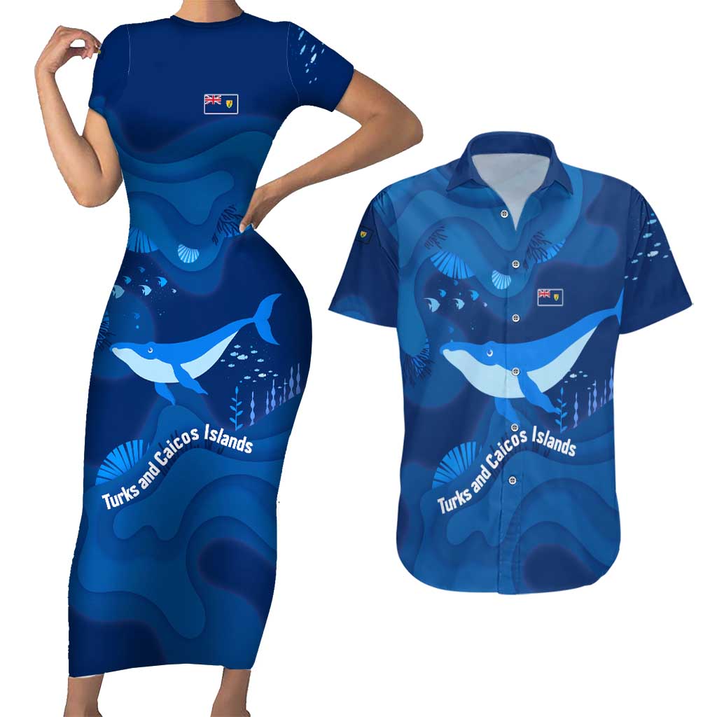 Turks and Caicos Islands Couples Matching Short Sleeve Bodycon Dress and Hawaiian Shirt with Blue Ocean Whale and Coral Reef Design - Wonder Print Shop