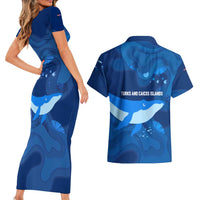 Turks and Caicos Islands Couples Matching Short Sleeve Bodycon Dress and Hawaiian Shirt with Blue Ocean Whale and Coral Reef Design - Wonder Print Shop