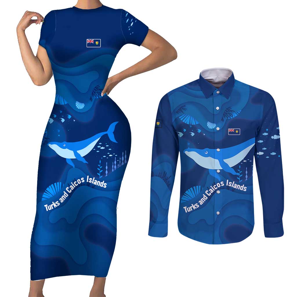 Turks and Caicos Islands Couples Matching Short Sleeve Bodycon Dress and Long Sleeve Button Shirt with Blue Ocean Whale and Coral Reef Design - Wonder Print Shop