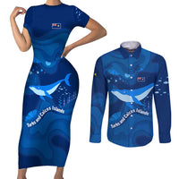 Turks and Caicos Islands Couples Matching Short Sleeve Bodycon Dress and Long Sleeve Button Shirt with Blue Ocean Whale and Coral Reef Design - Wonder Print Shop
