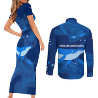 Turks and Caicos Islands Couples Matching Short Sleeve Bodycon Dress and Long Sleeve Button Shirt with Blue Ocean Whale and Coral Reef Design - Wonder Print Shop