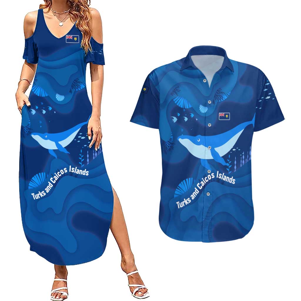 Turks and Caicos Islands Couples Matching Summer Maxi Dress and Hawaiian Shirt with Blue Ocean Whale and Coral Reef Design - Wonder Print Shop