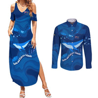 Turks and Caicos Islands Couples Matching Summer Maxi Dress and Long Sleeve Button Shirt with Blue Ocean Whale and Coral Reef Design - Wonder Print Shop