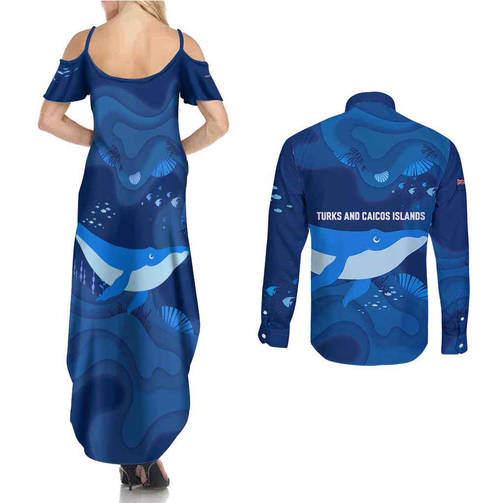 Turks and Caicos Islands Couples Matching Summer Maxi Dress and Long Sleeve Button Shirt with Blue Ocean Whale and Coral Reef Design - Wonder Print Shop