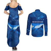 Turks and Caicos Islands Couples Matching Summer Maxi Dress and Long Sleeve Button Shirt with Blue Ocean Whale and Coral Reef Design - Wonder Print Shop