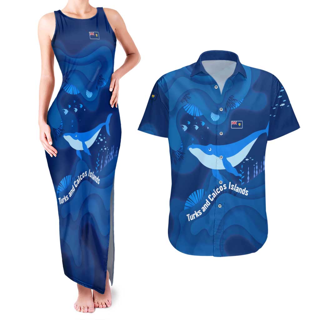 Turks and Caicos Islands Couples Matching Tank Maxi Dress and Hawaiian Shirt with Blue Ocean Whale and Coral Reef Design - Wonder Print Shop