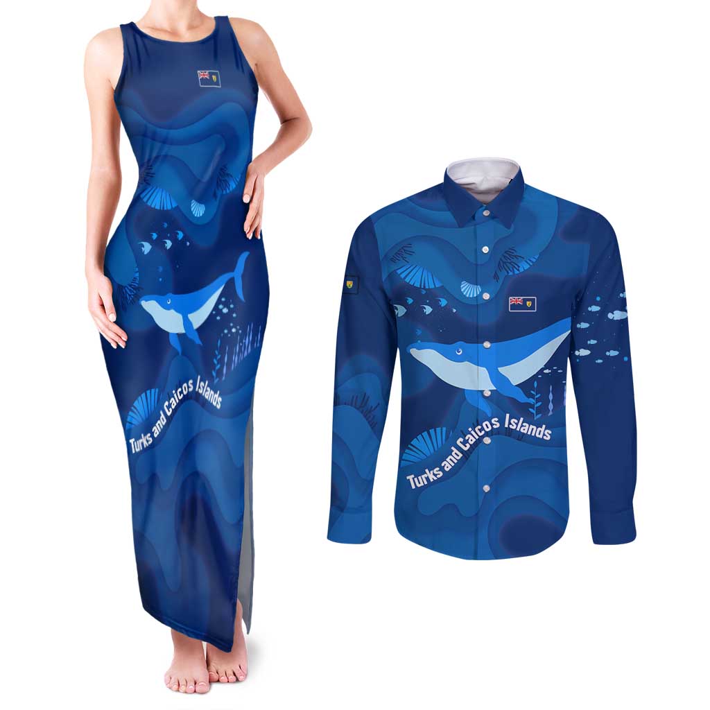 Turks and Caicos Islands Couples Matching Tank Maxi Dress and Long Sleeve Button Shirt with Blue Ocean Whale and Coral Reef Design - Wonder Print Shop