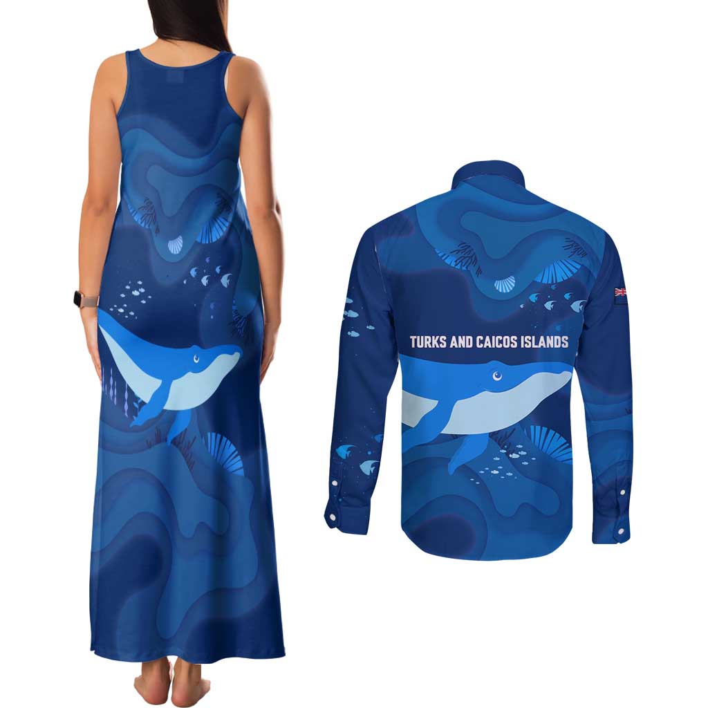 Turks and Caicos Islands Couples Matching Tank Maxi Dress and Long Sleeve Button Shirt with Blue Ocean Whale and Coral Reef Design - Wonder Print Shop