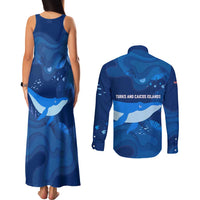 Turks and Caicos Islands Couples Matching Tank Maxi Dress and Long Sleeve Button Shirt with Blue Ocean Whale and Coral Reef Design - Wonder Print Shop