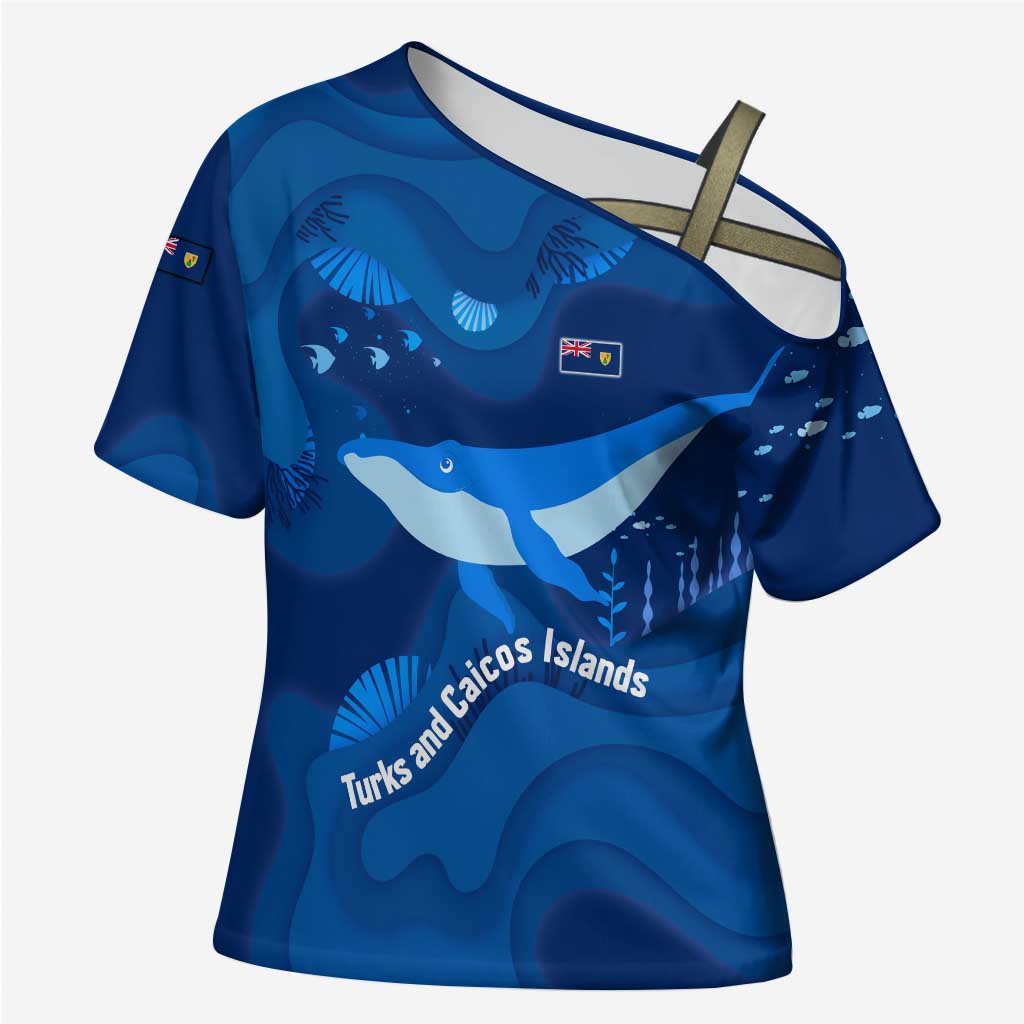 Turks and Caicos Islands Cross Shoulder Shirt with Blue Ocean Whale and Coral Reef Design - Wonder Print Shop