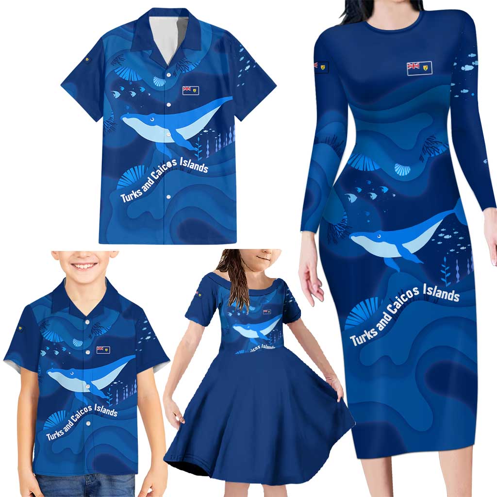 Turks and Caicos Islands Family Matching Long Sleeve Bodycon Dress and Hawaiian Shirt with Blue Ocean Whale and Coral Reef Design - Wonder Print Shop