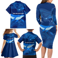Turks and Caicos Islands Family Matching Long Sleeve Bodycon Dress and Hawaiian Shirt with Blue Ocean Whale and Coral Reef Design - Wonder Print Shop