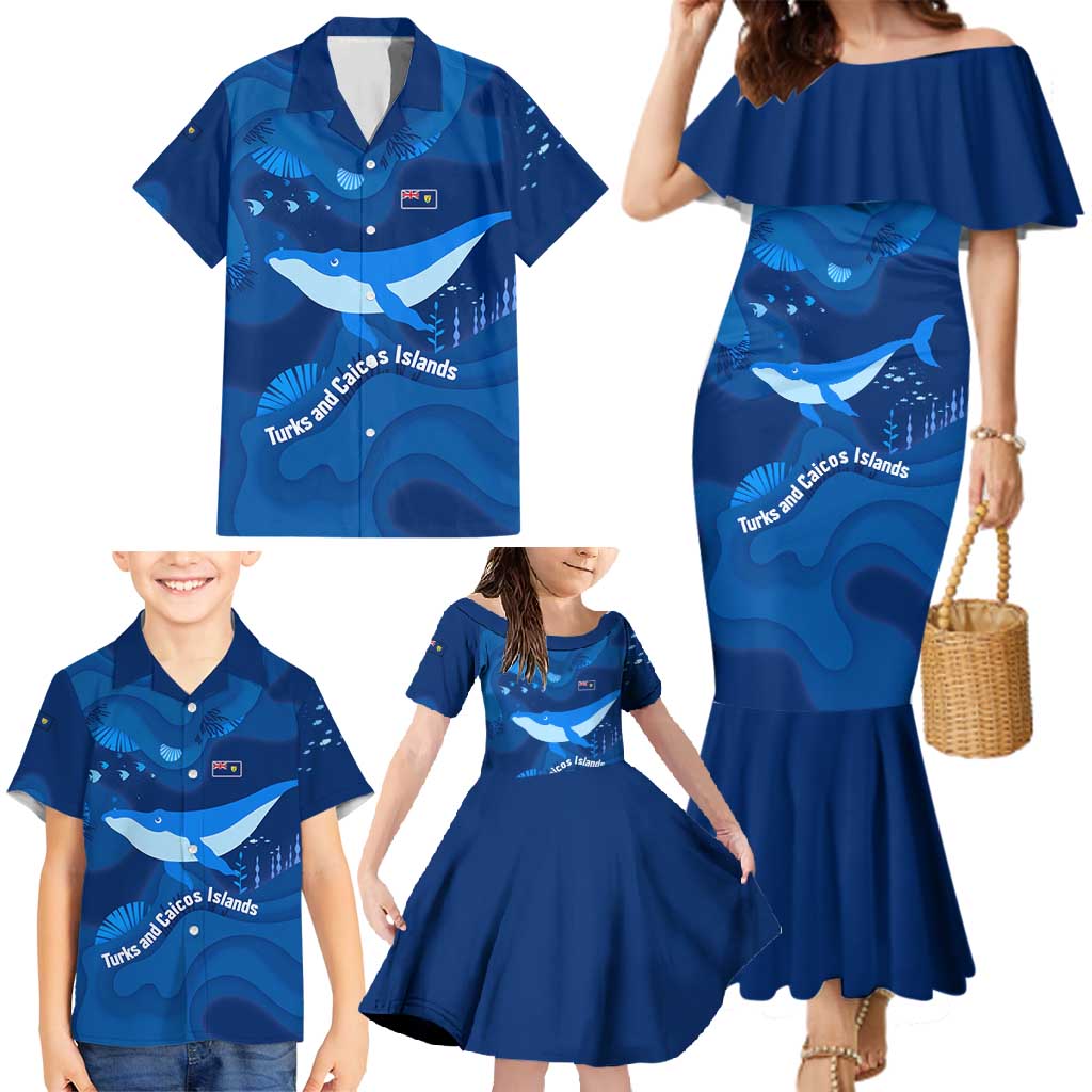 Turks and Caicos Islands Family Matching Mermaid Dress and Hawaiian Shirt with Blue Ocean Whale and Coral Reef Design - Wonder Print Shop