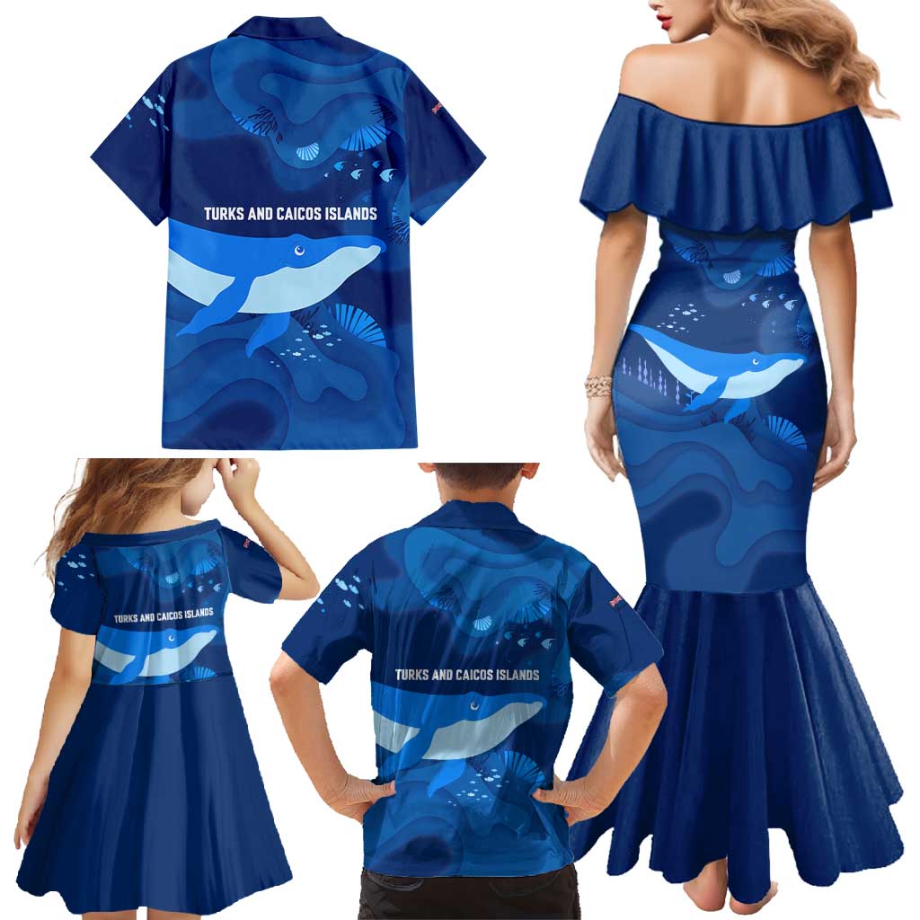 Turks and Caicos Islands Family Matching Mermaid Dress and Hawaiian Shirt with Blue Ocean Whale and Coral Reef Design - Wonder Print Shop
