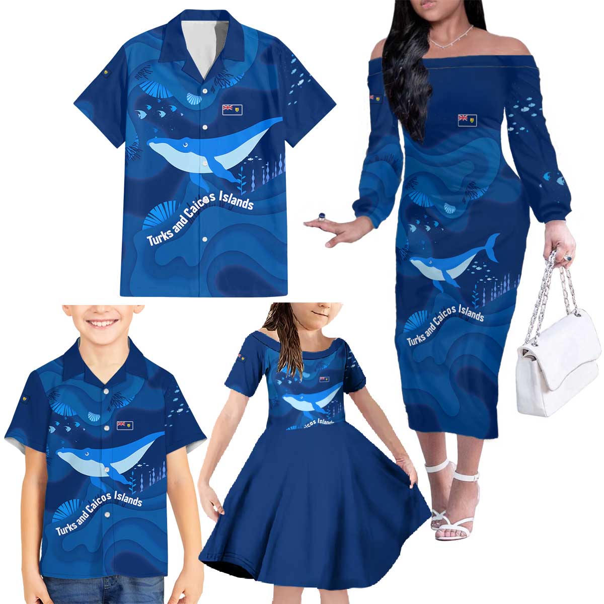 Turks and Caicos Islands Family Matching Off The Shoulder Long Sleeve Dress and Hawaiian Shirt with Blue Ocean Whale and Coral Reef Design - Wonder Print Shop
