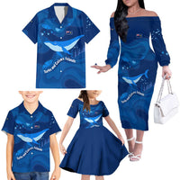 Turks and Caicos Islands Family Matching Off The Shoulder Long Sleeve Dress and Hawaiian Shirt with Blue Ocean Whale and Coral Reef Design - Wonder Print Shop