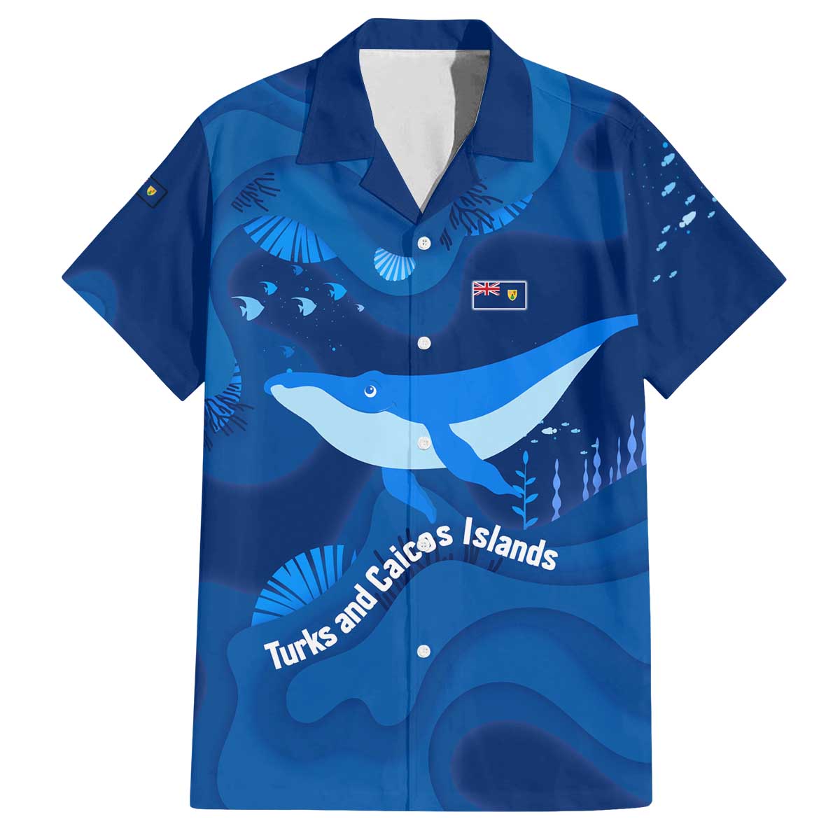 Turks and Caicos Islands Family Matching Off The Shoulder Long Sleeve Dress and Hawaiian Shirt with Blue Ocean Whale and Coral Reef Design - Wonder Print Shop