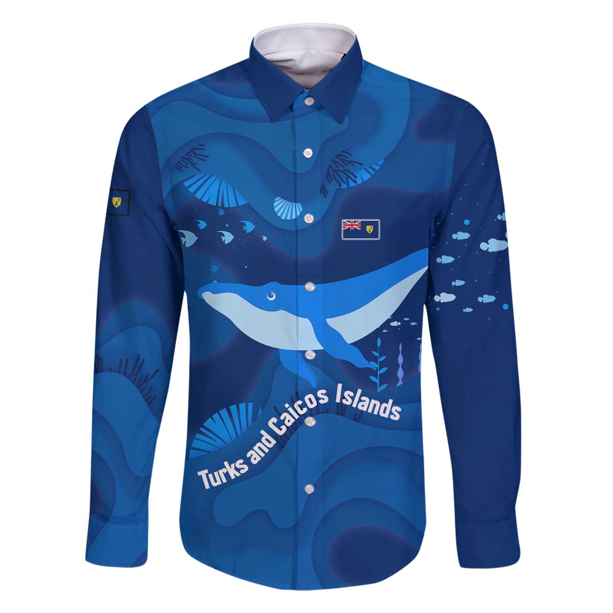 Turks and Caicos Islands Family Matching Off The Shoulder Long Sleeve Dress and Hawaiian Shirt with Blue Ocean Whale and Coral Reef Design - Wonder Print Shop