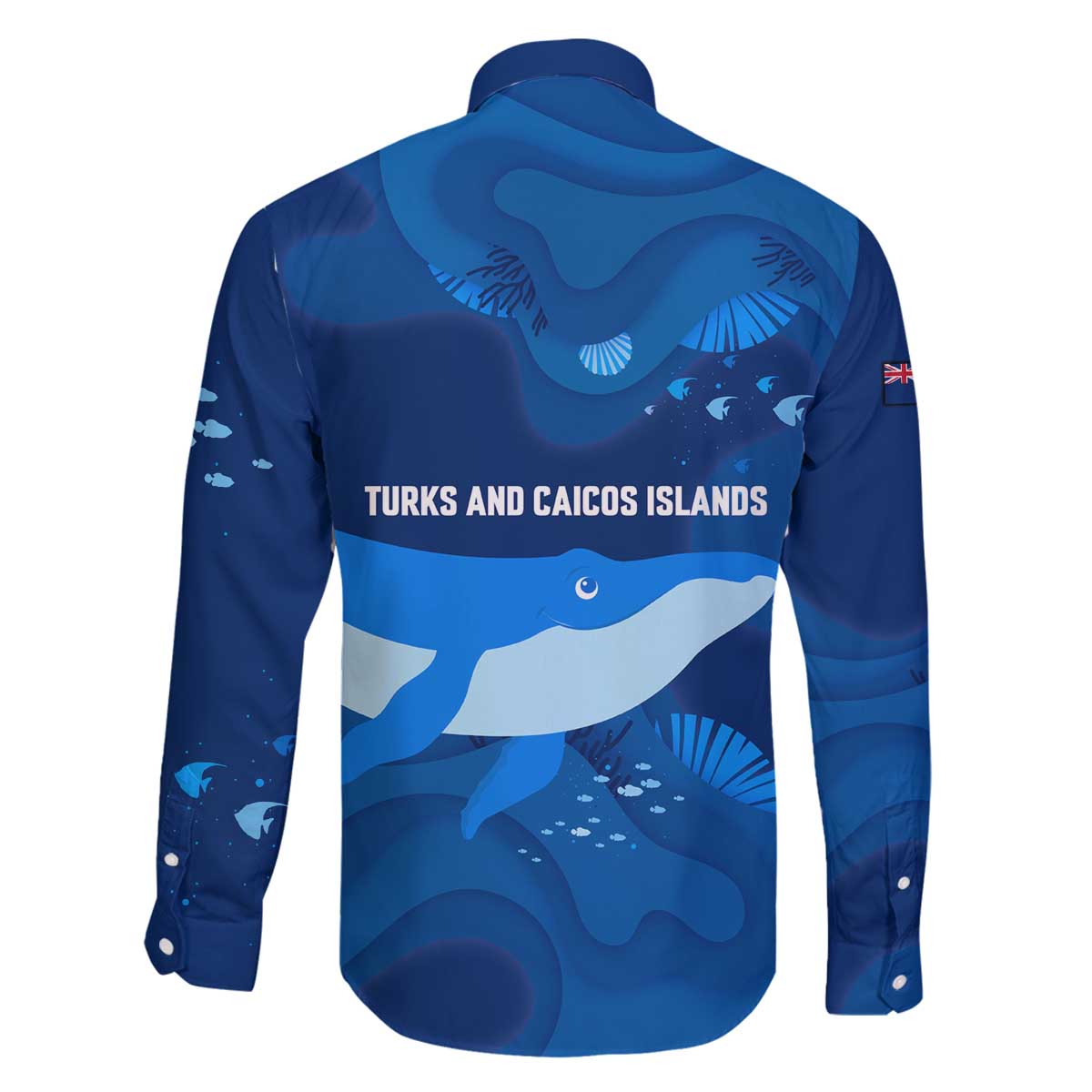 Turks and Caicos Islands Family Matching Off The Shoulder Long Sleeve Dress and Hawaiian Shirt with Blue Ocean Whale and Coral Reef Design - Wonder Print Shop
