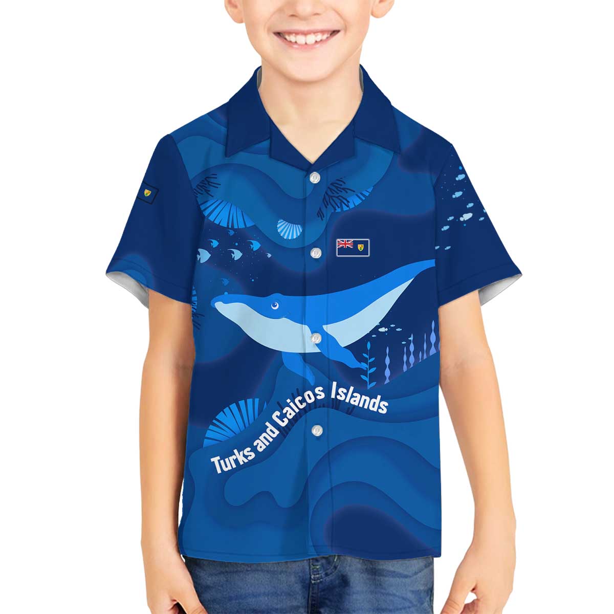 Turks and Caicos Islands Family Matching Off The Shoulder Long Sleeve Dress and Hawaiian Shirt with Blue Ocean Whale and Coral Reef Design - Wonder Print Shop